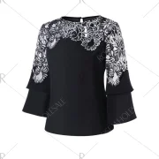 Floral Applique Bell Sleeve Blouse - Black Fansmadedirect