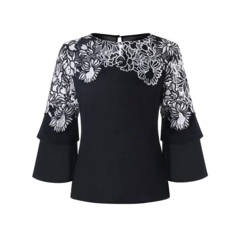 Floral Applique Bell Sleeve Blouse - Black Fansmadedirect