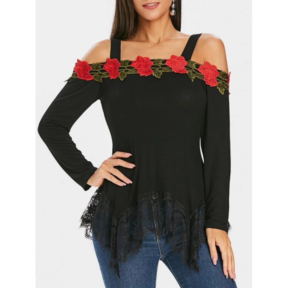 Floral Appliqued Lace Panel Cold houlder Tee - Black Fansmadedirect