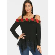Floral Appliqued Lace Panel Cold houlder Tee - Black Fansmadedirect