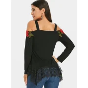 Floral Appliqued Lace Panel Cold houlder Tee - Black Fansmadedirect