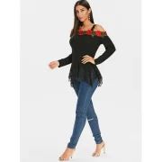 Floral Appliqued Lace Panel Cold houlder Tee - Black Fansmadedirect