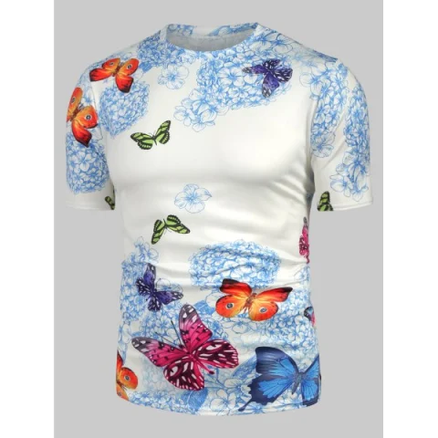Floral Butterfly Print hort leeve T hirt - White Fansmadedirect