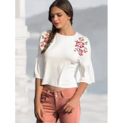 Floral Embroidery Horn Sleeve Top - ilk White Fansmadedirect