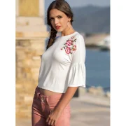 Floral Embroidery Horn Sleeve Top - ilk White Fansmadedirect
