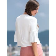 Floral Embroidery Horn Sleeve Top - ilk White Fansmadedirect