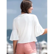 Floral Embroidery Horn Sleeve Top - ilk White Fansmadedirect