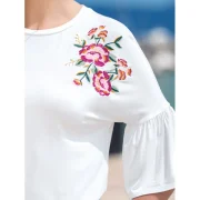 Floral Embroidery Horn Sleeve Top - ilk White Fansmadedirect