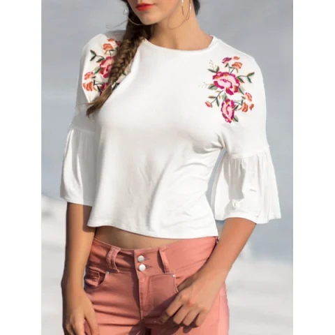 Floral Embroidery Horn Sleeve Top - ilk White Fansmadedirect
