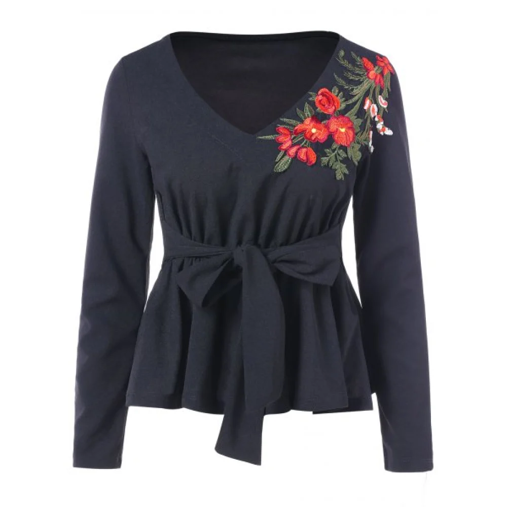 Floral Embroidery Long Sleeve Peplum T-shirt - Black Fansmadedirect