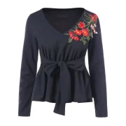 Floral Embroidery Long Sleeve Peplum T-shirt - Black Fansmadedirect