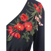 Floral Embroidery Long Sleeve Peplum T-shirt - Black Fansmadedirect