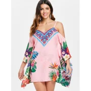 Floral Feather Pattern Mini Dress - Pink Fansmadedirect