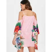 Floral Feather Pattern Mini Dress - Pink Fansmadedirect