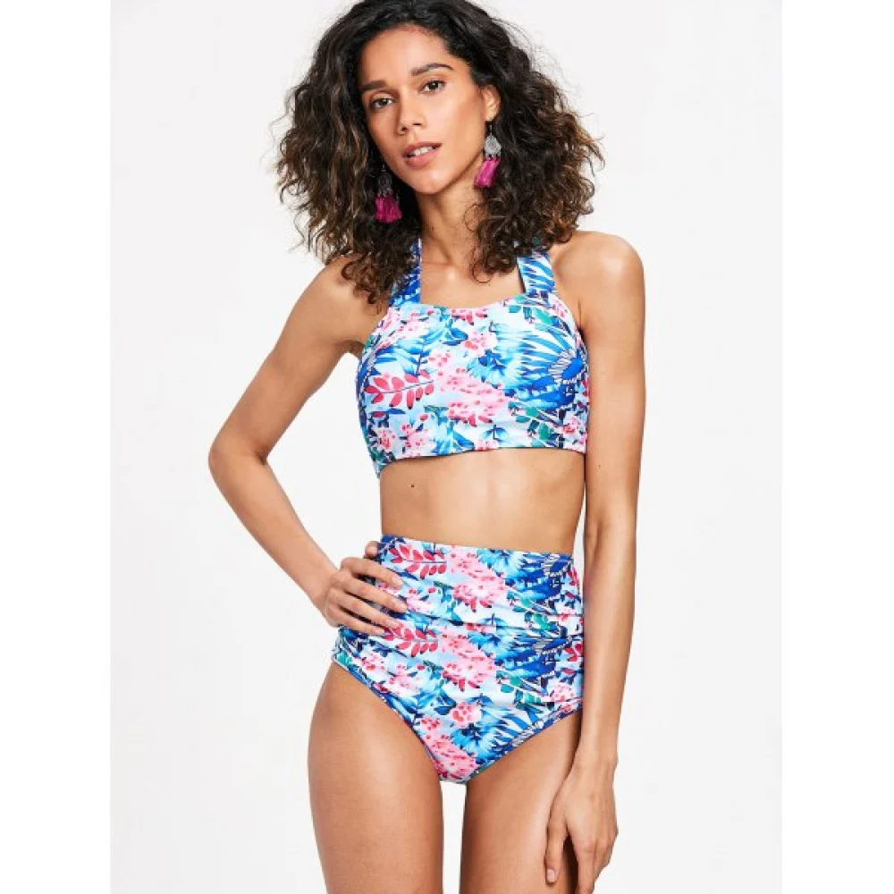 Floral High Waist Bikini Swimsuit - Blue Orchid Fansmadedirect