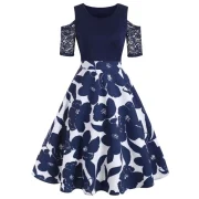 Floral Lace Panel Cold houlder Dress - Midnight Blue Fansmadedirect