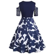 Floral Lace Panel Cold houlder Dress - Midnight Blue Fansmadedirect