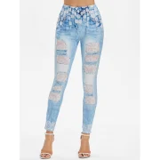 Floral Lace Panel Print Skinny Faux Jeans - Jeans Blue Fansmadedirect