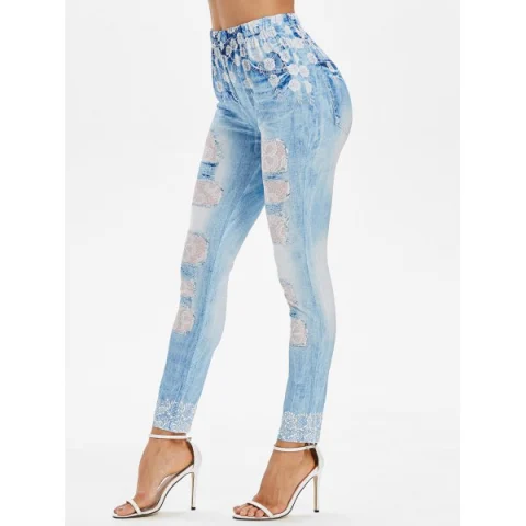 Floral Lace Panel Print Skinny Faux Jeans - Jeans Blue Fansmadedirect