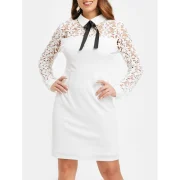 Floral Lace Panel Sheath Dress with Bowknot - White Fansmadedirect