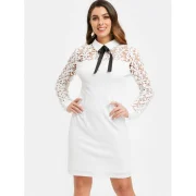 Floral Lace Panel Sheath Dress with Bowknot - White Fansmadedirect