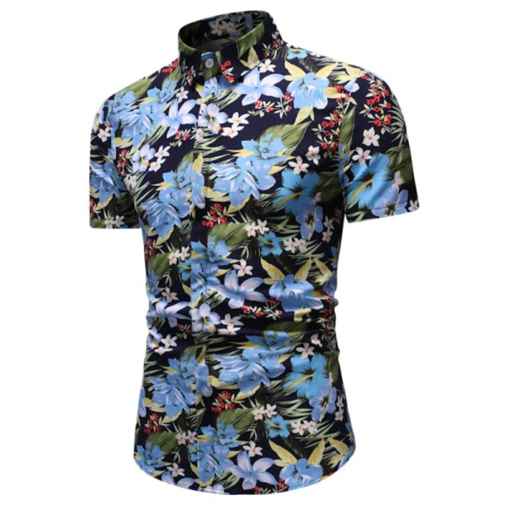 Floral Leaf Print Hawaii Short Sleeve Shirt - Light Blue Fansmadedirect