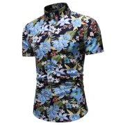 Floral Leaf Print Hawaii Short Sleeve Shirt - Light Blue Fansmadedirect