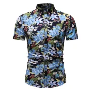 Floral Leaf Print Hawaii Short Sleeve Shirt - Light Blue Fansmadedirect