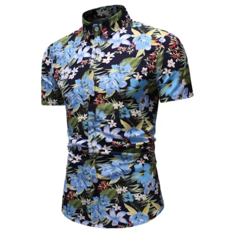 Floral Leaf Print Hawaii Short Sleeve Shirt - Light Blue Fansmadedirect