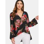 Floral Pattern Low Cut Blouse - Black Fansmadedirect