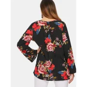 Floral Pattern Low Cut Blouse - Black Fansmadedirect