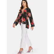 Floral Pattern Low Cut Blouse - Black Fansmadedirect