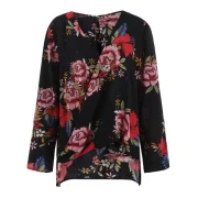 Floral Pattern Low Cut Blouse - Black Fansmadedirect