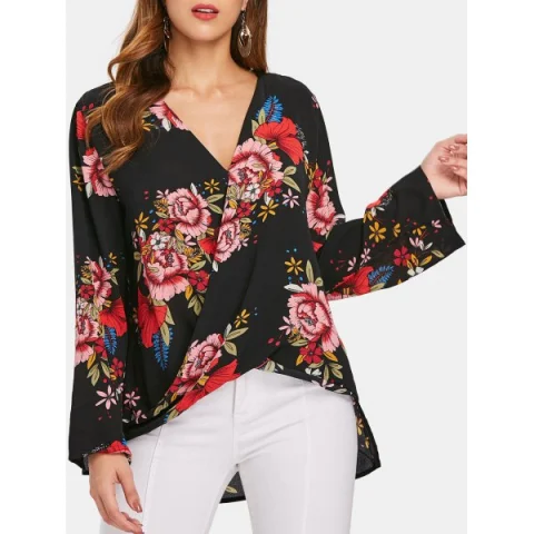 Floral Pattern Low Cut Blouse - Black Fansmadedirect