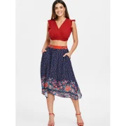Floral Pattern Swing Skirt - Midnight Blue Fansmadedirect