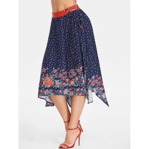 Floral Pattern Swing Skirt - Midnight Blue Fansmadedirect