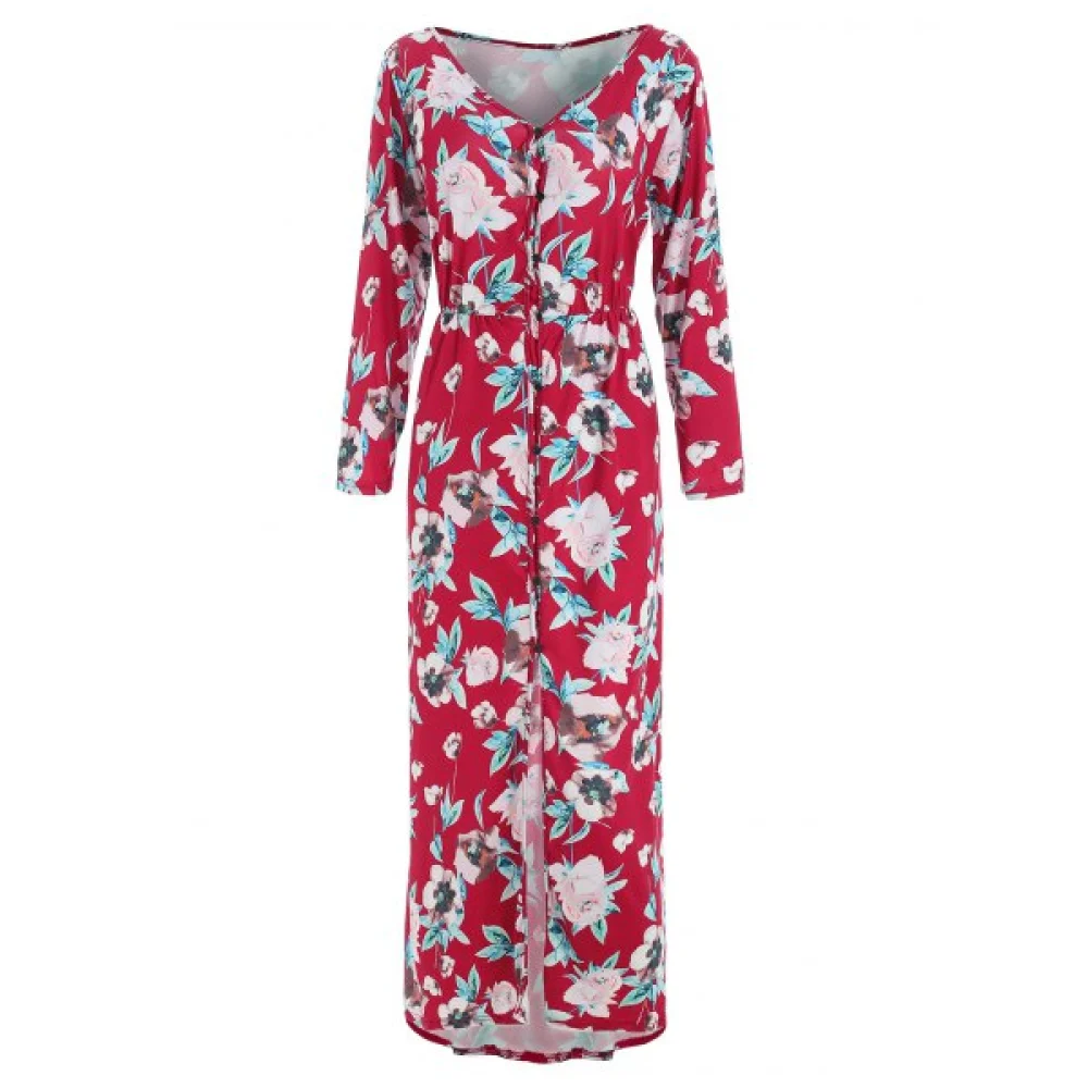 Floral Print Button Up axi Dress - Red Fansmadedirect