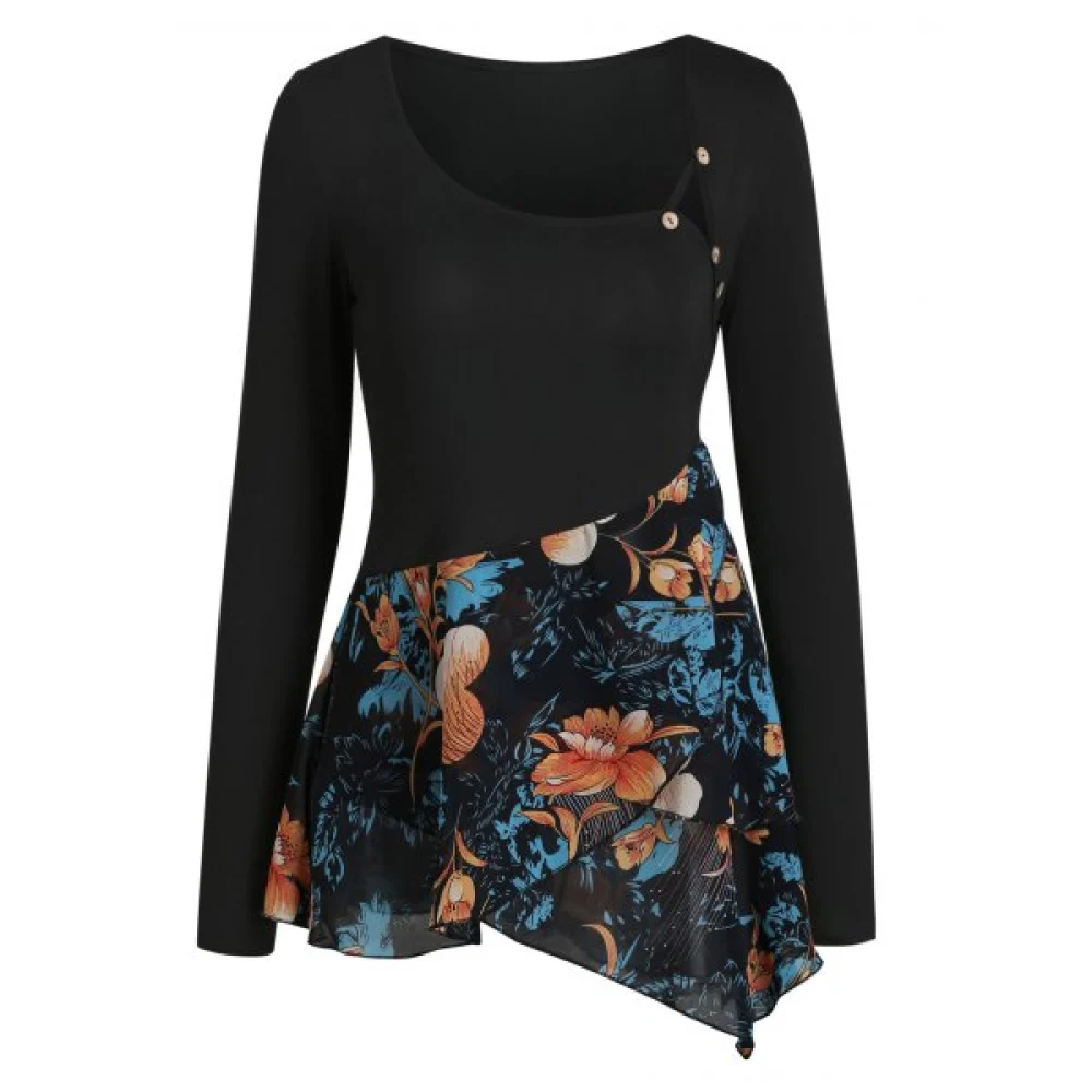 Floral Print Chiffon Panel Overlap Asymmetric Tee - Black Fansmadedirect