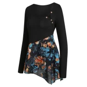 Floral Print Chiffon Panel Overlap Asymmetric Tee - Black Fansmadedirect