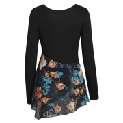 Floral Print Chiffon Panel Overlap Asymmetric Tee - Black Fansmadedirect