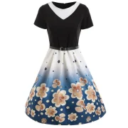 Floral Print Flare Dress with Belt - Blue Fansmadedirect