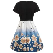 Floral Print Flare Dress with Belt - Blue Fansmadedirect