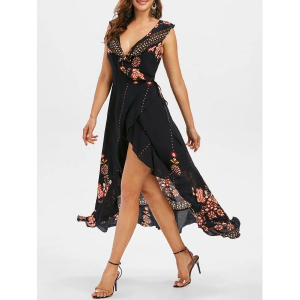 Floral Print High Low axi Wrap Dress - Black Fansmadedirect