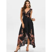Floral Print High Low axi Wrap Dress - Black Fansmadedirect