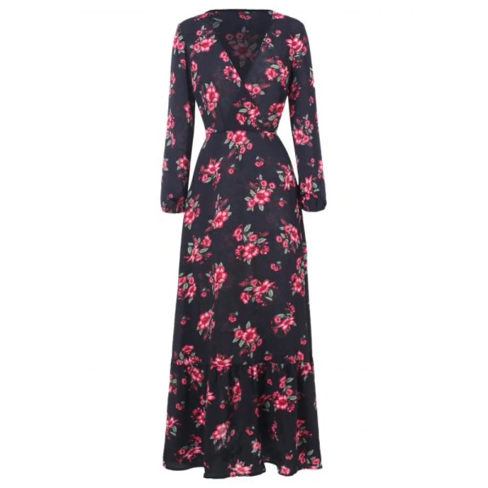 Floral Print High Waist Floor ength Dress - Black Fansmadedirect