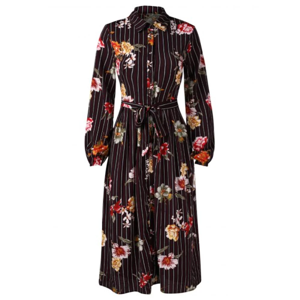 Floral Print Long Belted Dress - Black Fansmadedirect