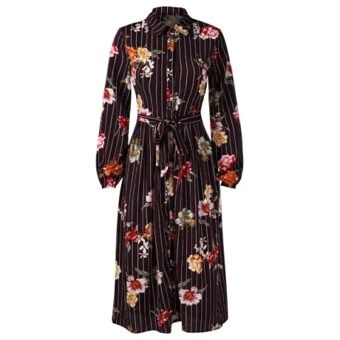 Floral Print Long Belted Dress - Black Fansmadedirect