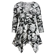 Floral Print Long Sleeve Ruched Handkerchief T-shirt - Black Fansmadedirect