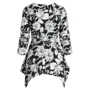 Floral Print Long Sleeve Ruched Handkerchief T-shirt - Black Fansmadedirect