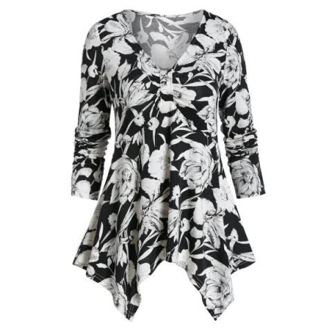 Floral Print Long Sleeve Ruched Handkerchief T-shirt - Black Fansmadedirect